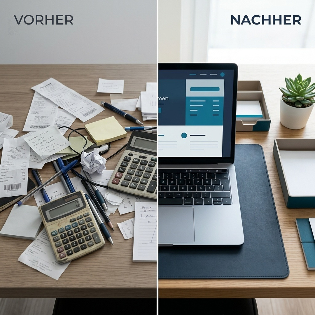 Vorher-Nachher-Vergleich: Papierstapel und aufgeräumte digitale Übersicht