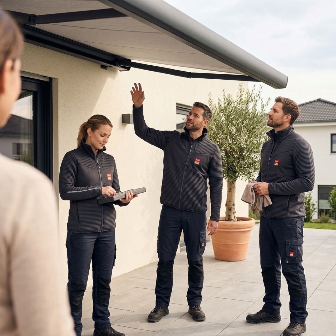 Einheitlich eingekleidetes Montageteam bei der Übergabe einer Markise
