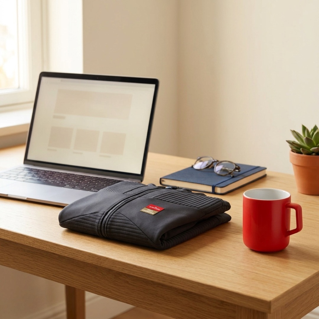 Laptop mit Partnershop im Büro des Fachbetriebs, daneben Jacke und Tasse