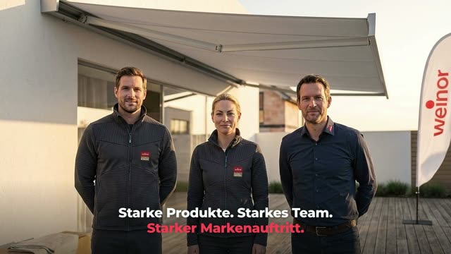 Dreiköpfiges Team eines Fachbetriebs in einheitlicher weinor Workfashion vor einer Markise, daneben eine weinor Beachflag