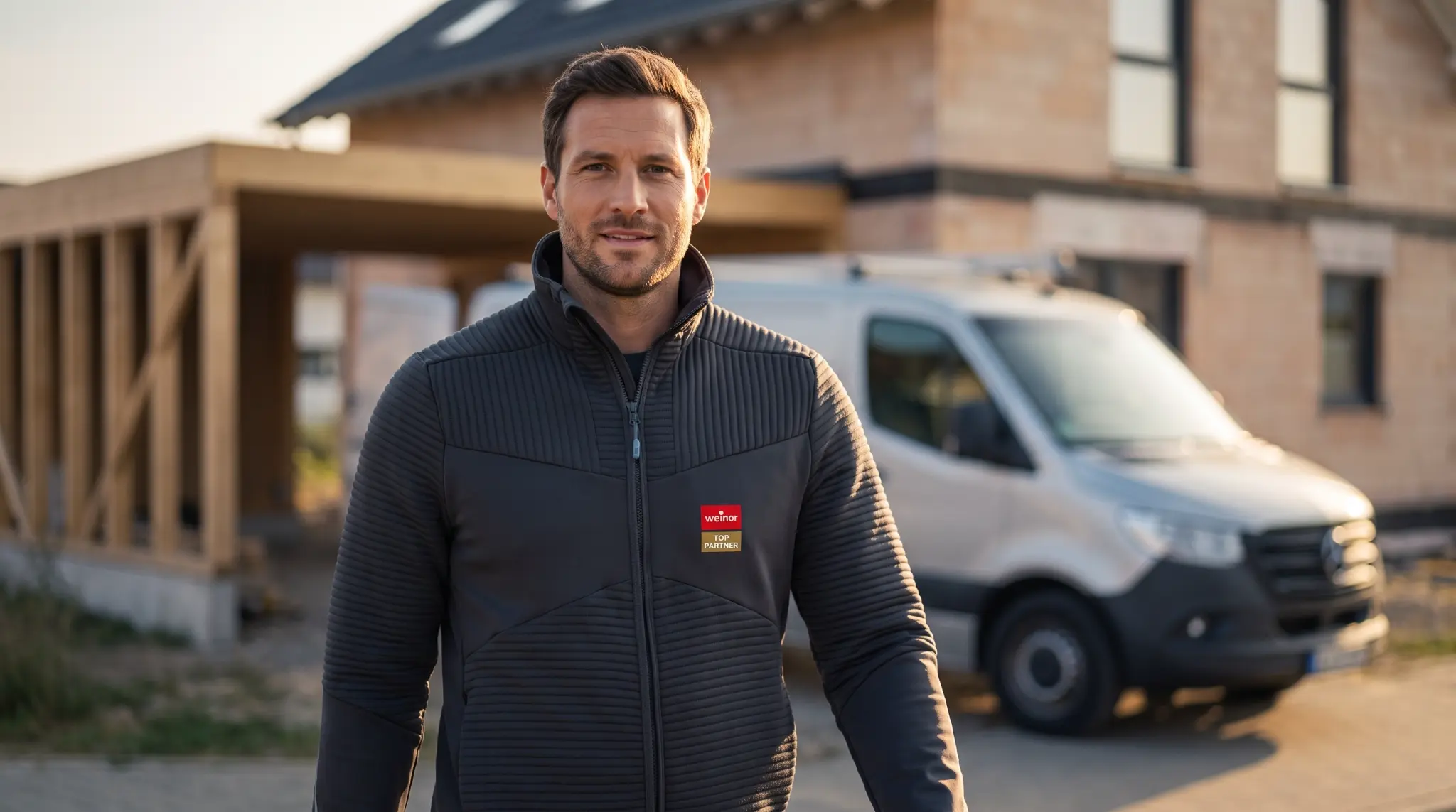 Monteur in weinor Workfashion bei der Ankunft am Objekt