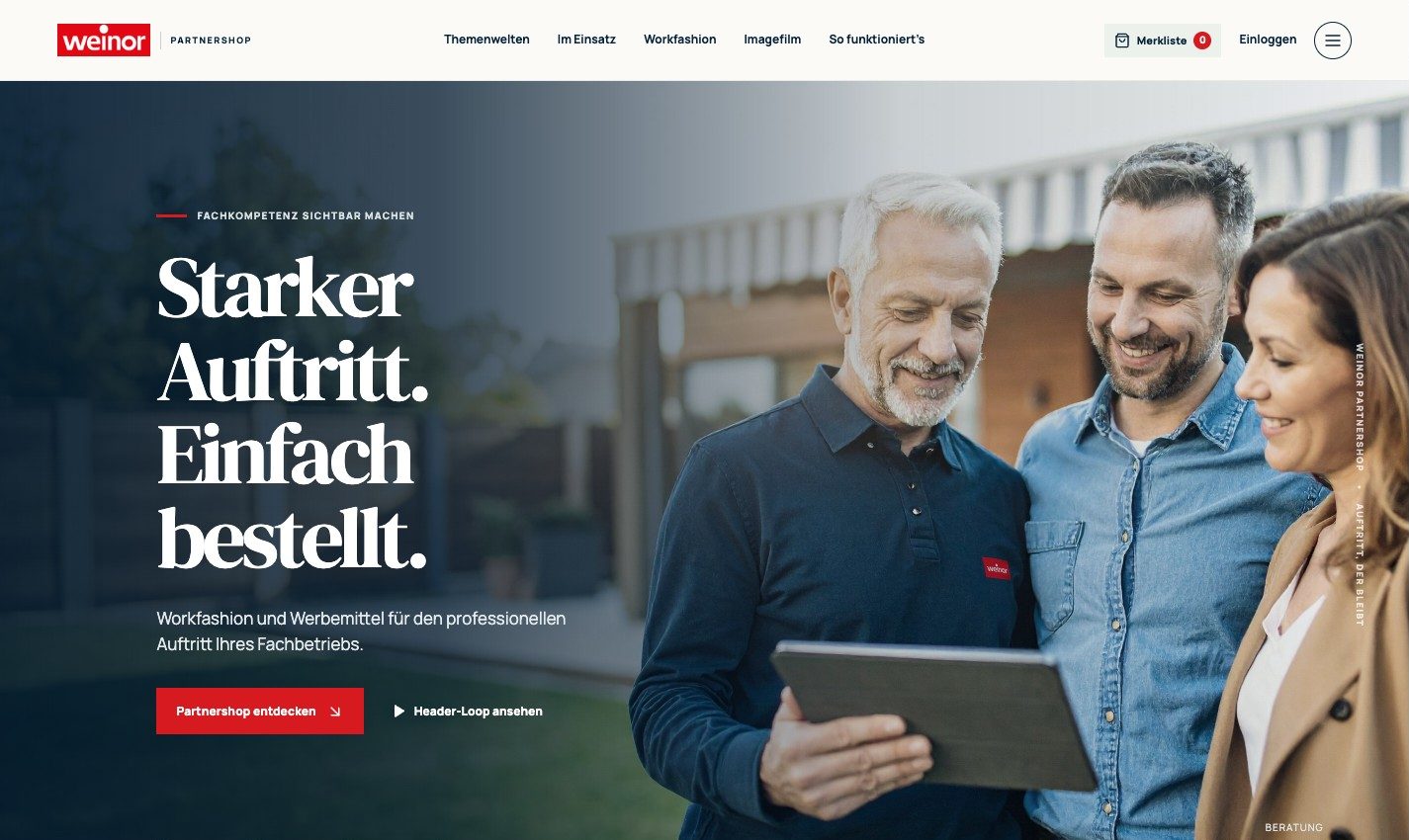 Screenshot des weinor Partnershop-Prototyps: Hero „Starker Auftritt. Einfach bestellt.