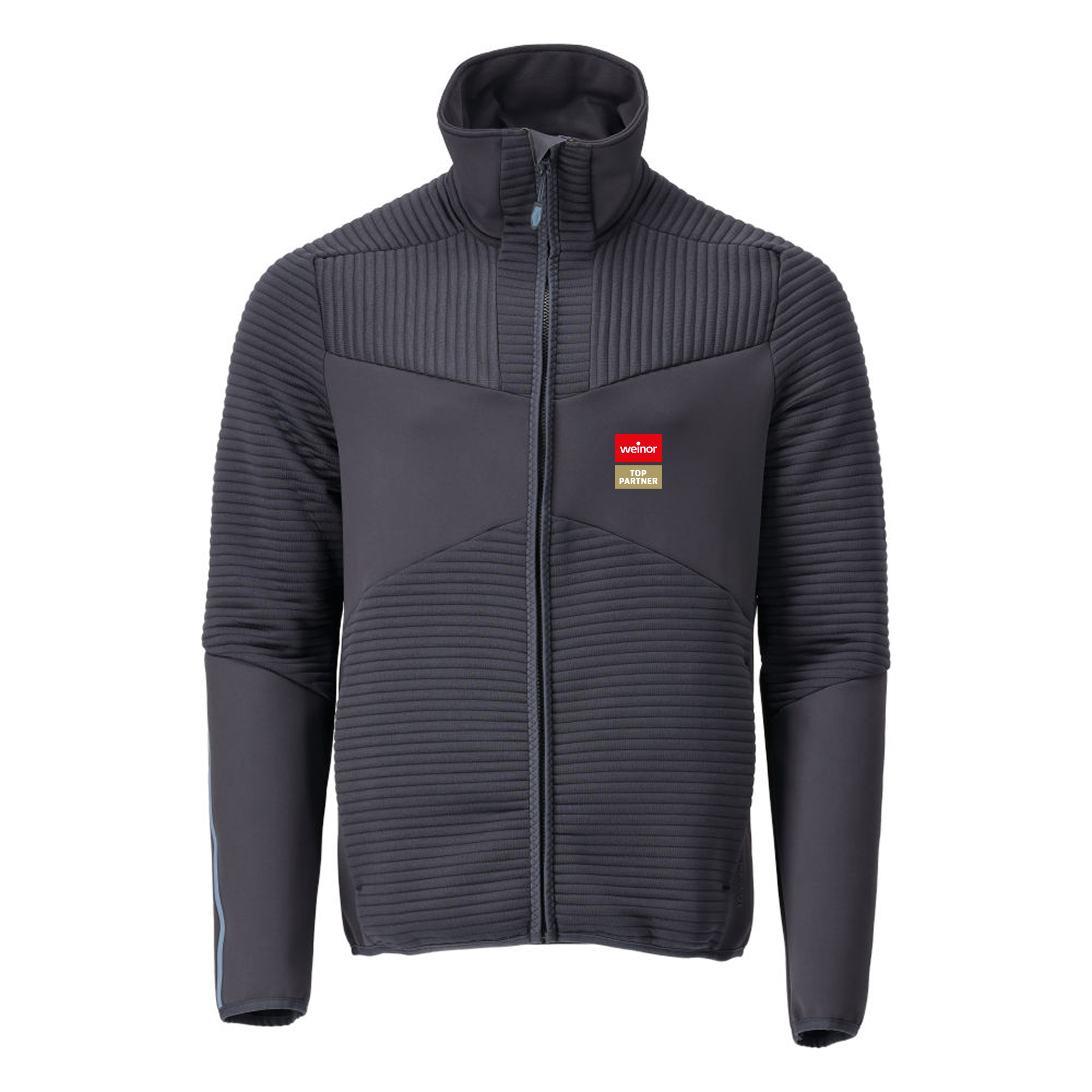 Dunkle MASCOT Softshell-Jacke der weinor Partnerlinie mit Top-Partner-Emblem