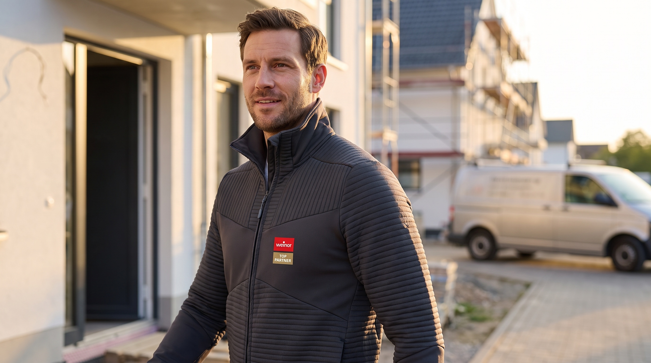 Monteur in dunkler MASCOT Workwear-Jacke mit weinor Top-Partner-Emblem vor einem Firmentransporter