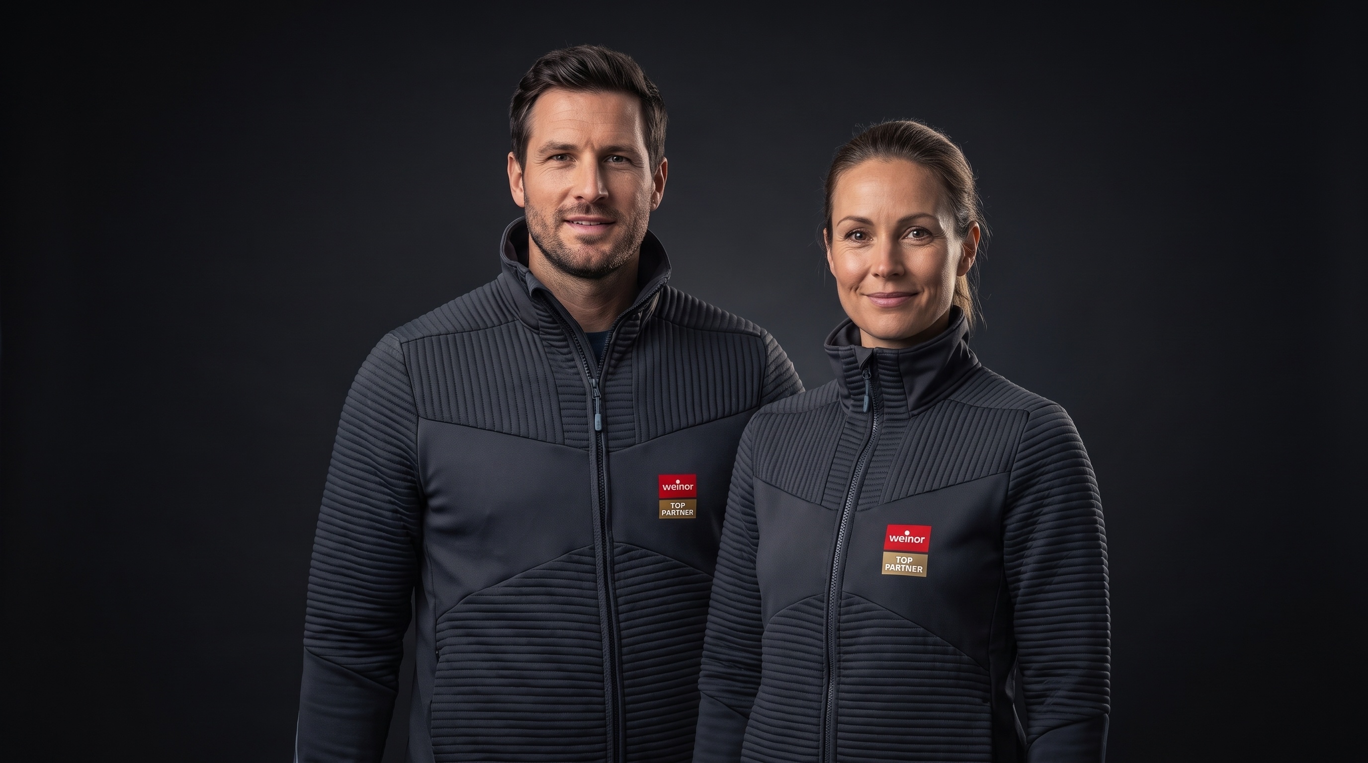 Zwei Mitarbeitende im Studio-Porträt in MASCOT Workfashion mit weinor Top-Partner-Badge