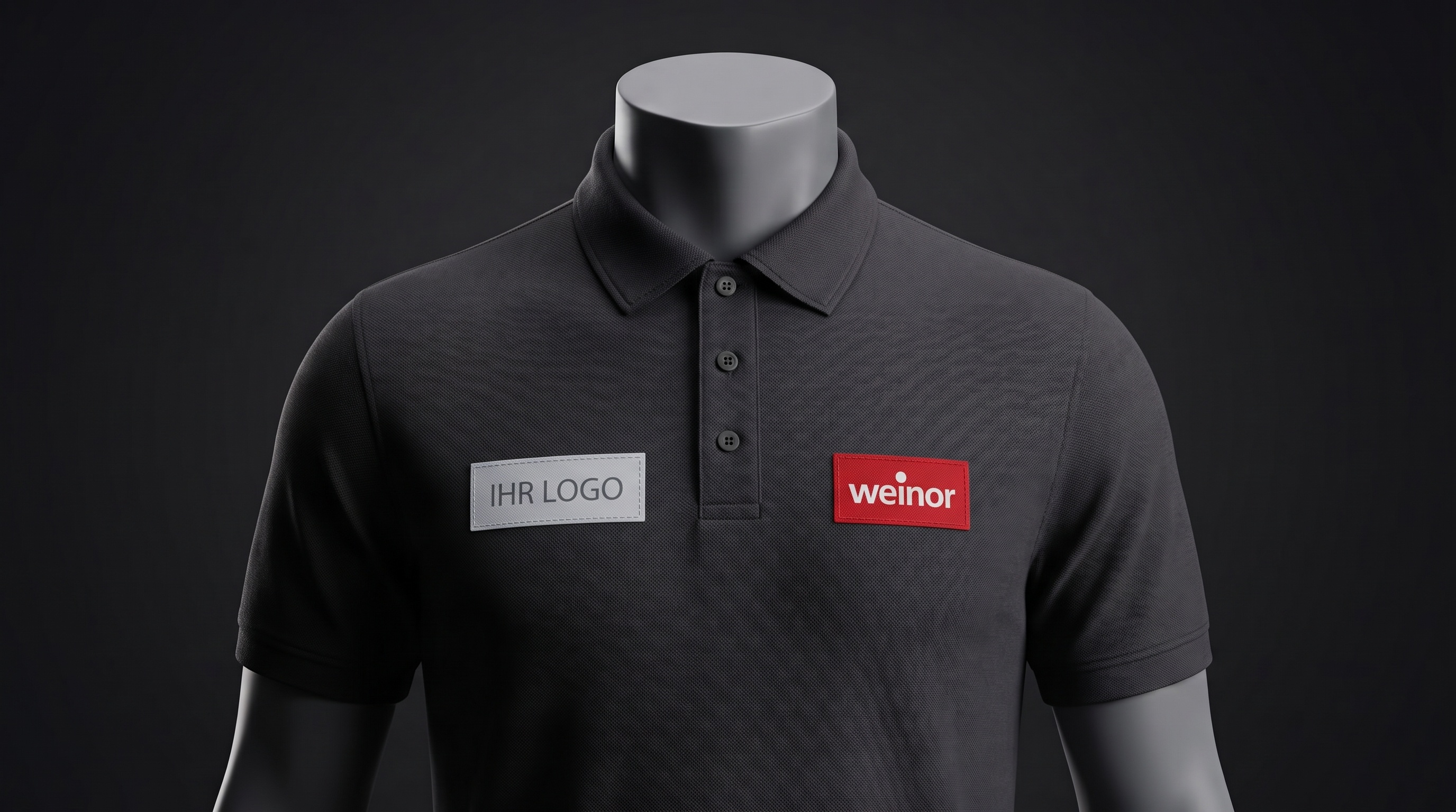 Anthrazitfarbenes Polohemd mit Platzhalter-Badge 'IHR LOGO' links und rotem weinor Patch rechts