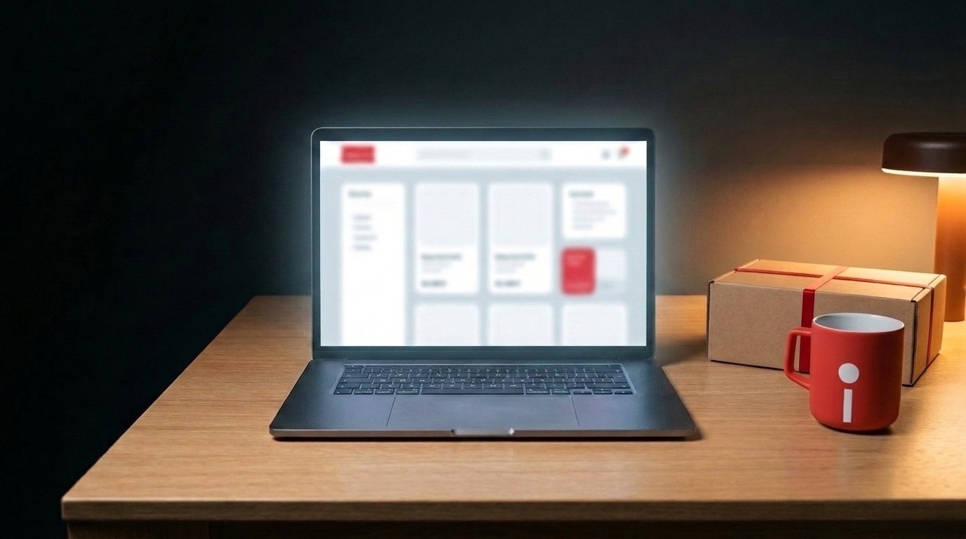 Aufgeräumter Schreibtisch mit Laptop, einem Paket und roter Tasse