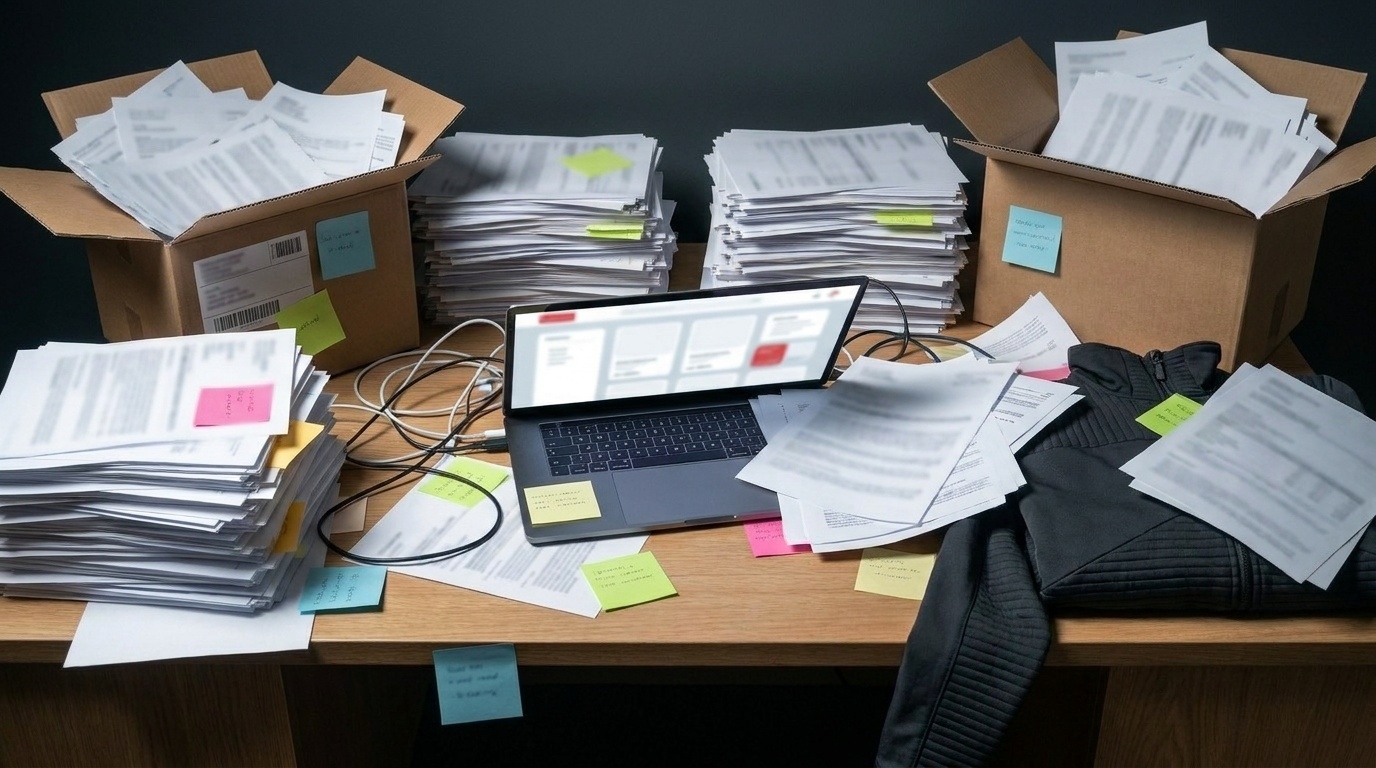 Schreibtisch voller Größenlisten, Papierstapel und Kartons — Bestellchaos ohne Partnershop