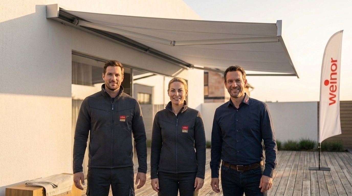 Dreiköpfiges Team in einheitlicher weinor Partnerkleidung vor einer Markisen-Ausstellung